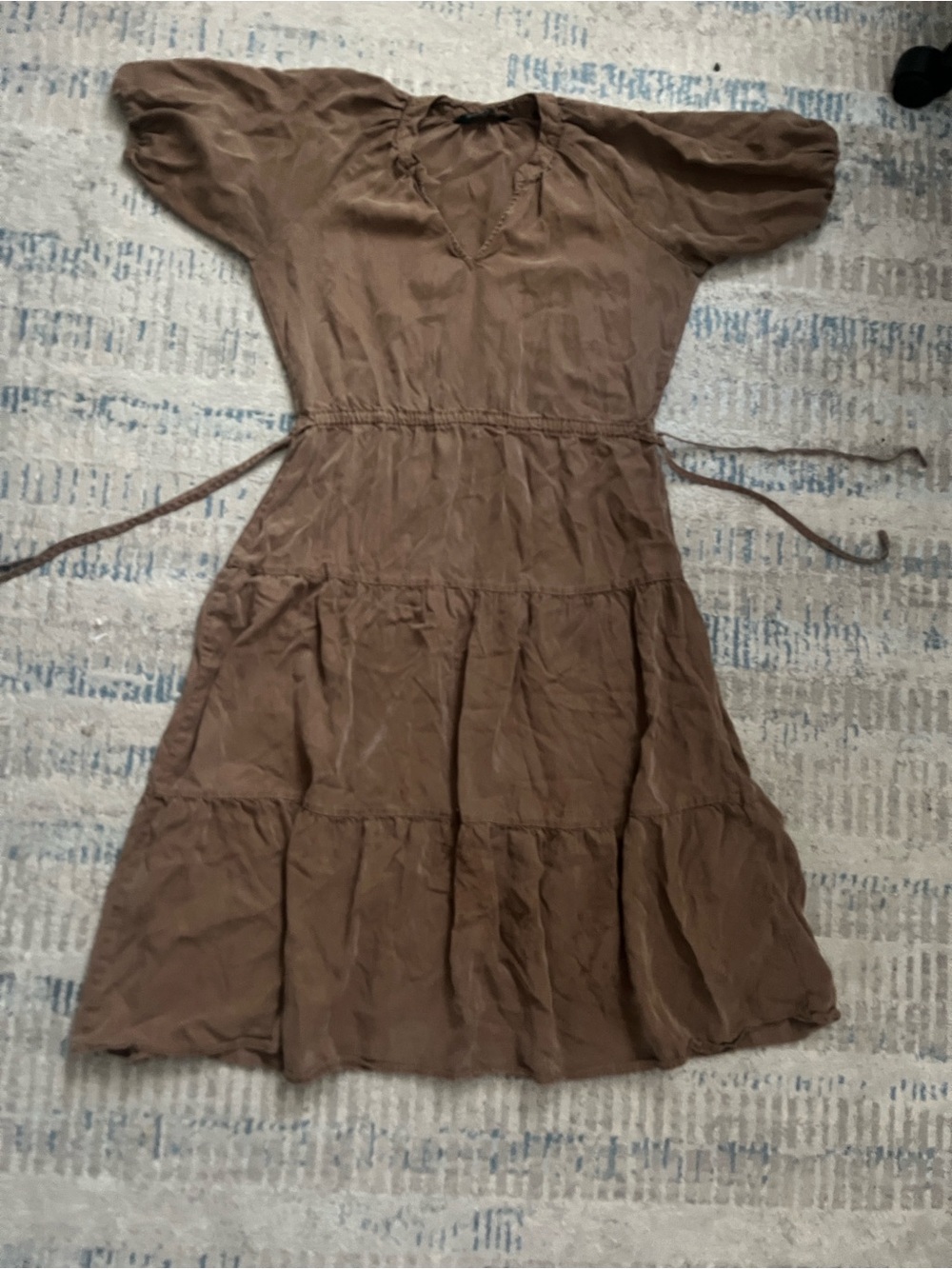 Velvet Heart Brown Tiered Midi Dress with Puff Sleeves